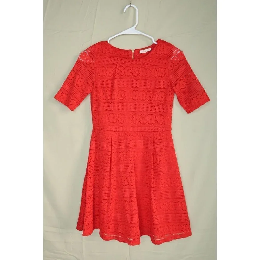 Copper Key Girls Dress Pleated Red Crocheted Short Sleeve Nylon Large